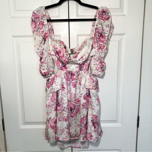 For Love & Lemons White and Pink Floral Lucia Mini Dress Size L - Picture 4 of 14